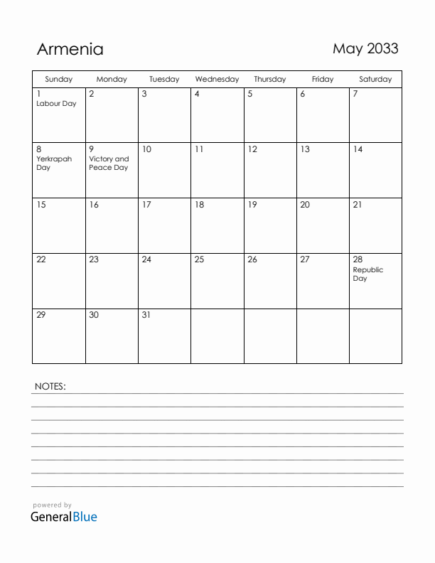 May 2033 Armenia Calendar with Holidays (Sunday Start)