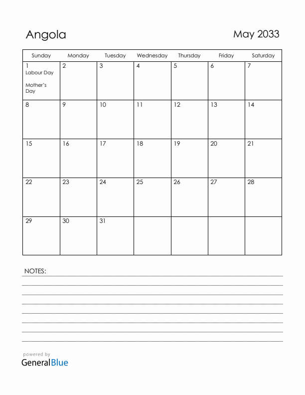 May 2033 Angola Calendar with Holidays (Sunday Start)