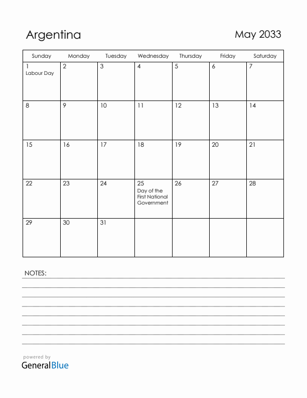 May 2033 Argentina Calendar with Holidays (Sunday Start)