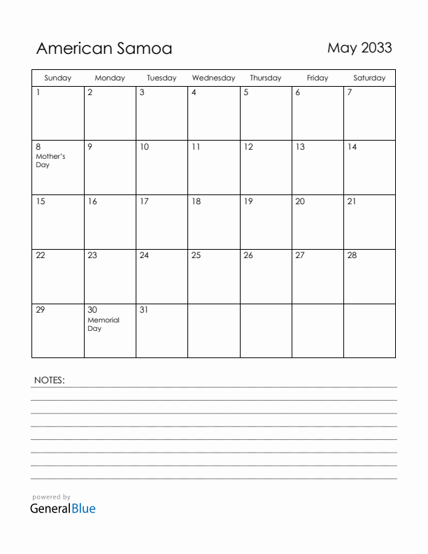 May 2033 American Samoa Calendar with Holidays (Sunday Start)
