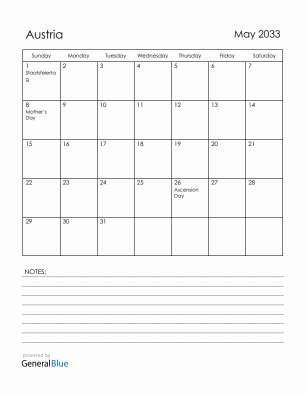 May 2033 Austria Calendar with Holidays (Sunday Start)
