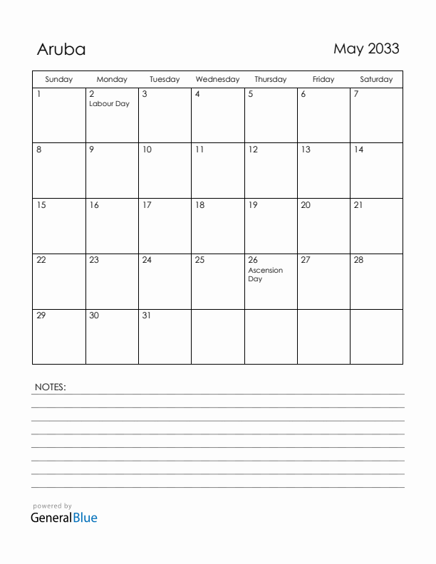 May 2033 Aruba Calendar with Holidays (Sunday Start)