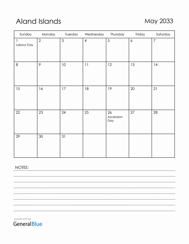 May 2033 Aland Islands Calendar with Holidays (Sunday Start)