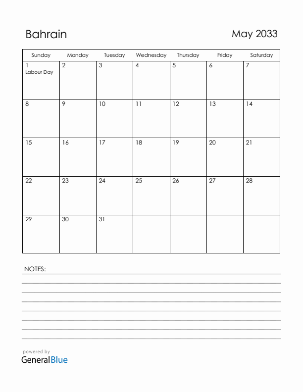 May 2033 Bahrain Calendar with Holidays (Sunday Start)