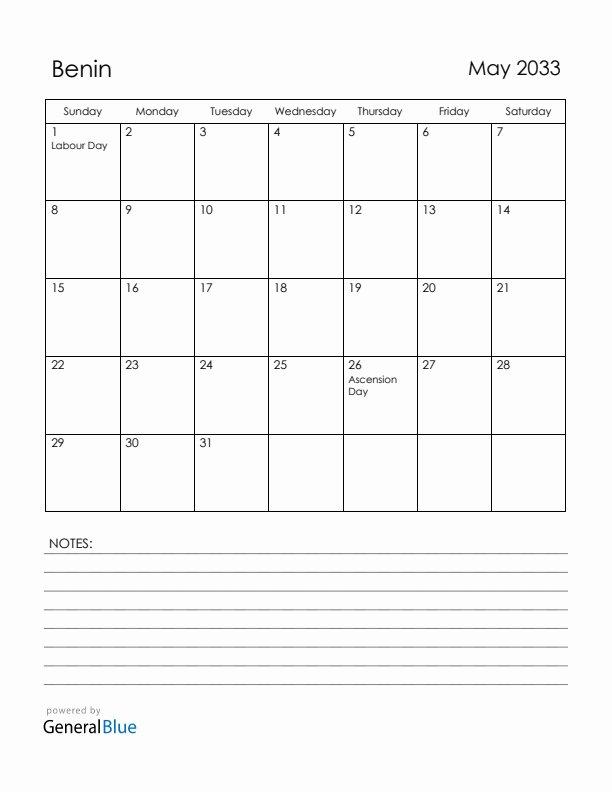 May 2033 Benin Calendar with Holidays (Sunday Start)