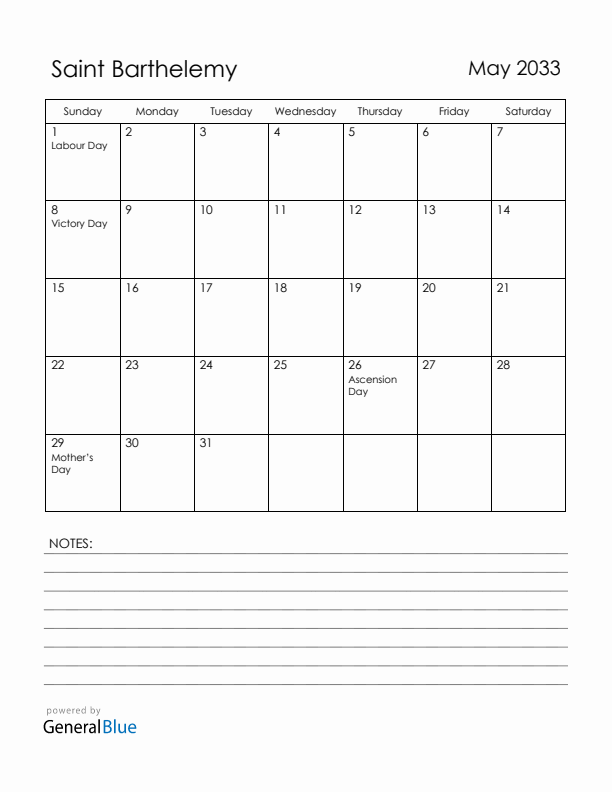 May 2033 Saint Barthelemy Calendar with Holidays (Sunday Start)