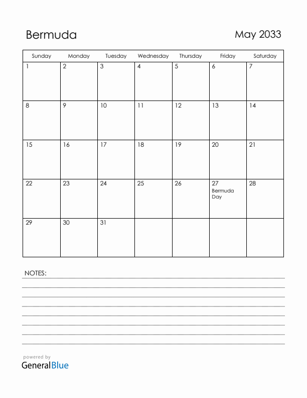 May 2033 Bermuda Calendar with Holidays (Sunday Start)