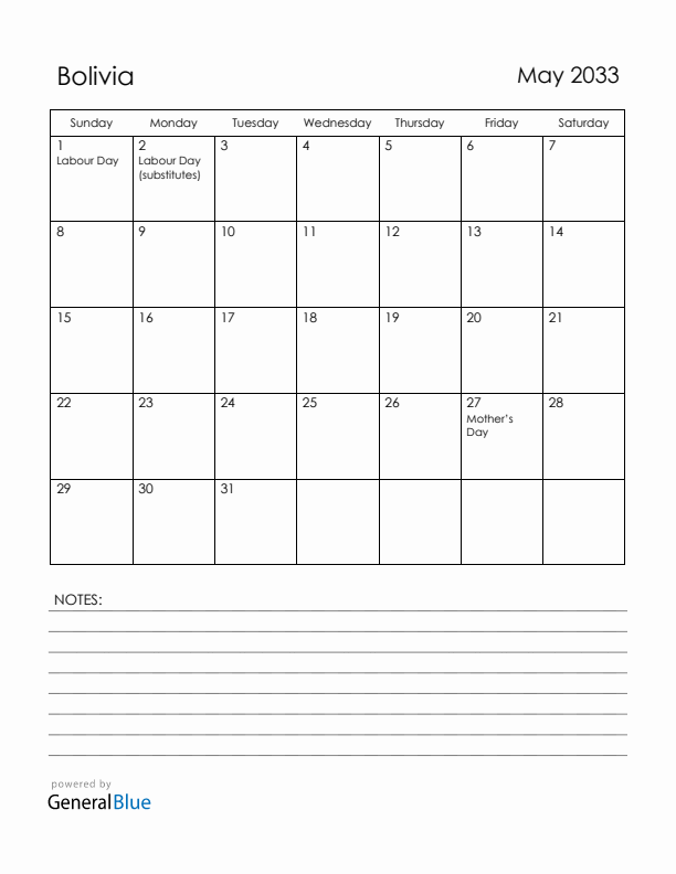 May 2033 Bolivia Calendar with Holidays (Sunday Start)