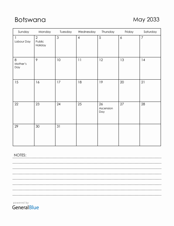 May 2033 Botswana Calendar with Holidays (Sunday Start)