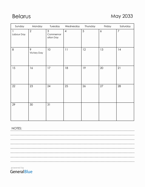 May 2033 Belarus Calendar with Holidays (Sunday Start)