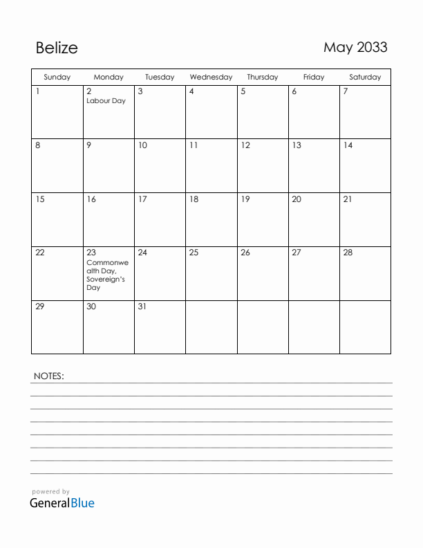 May 2033 Belize Calendar with Holidays (Sunday Start)