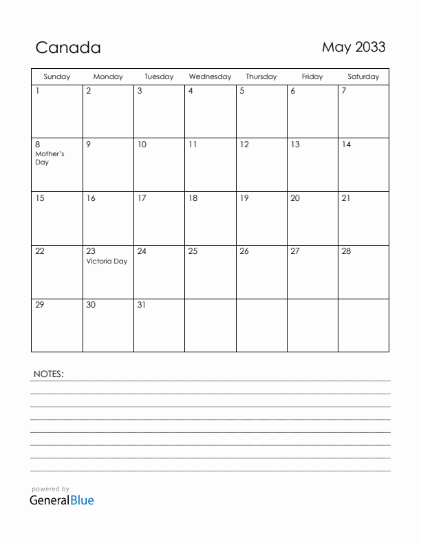 May 2033 Canada Calendar with Holidays (Sunday Start)