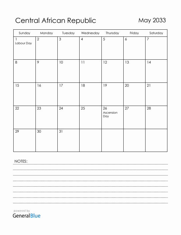 May 2033 Central African Republic Calendar with Holidays (Sunday Start)