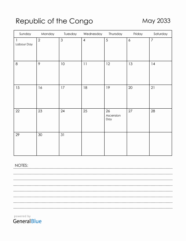 May 2033 Republic of the Congo Calendar with Holidays (Sunday Start)
