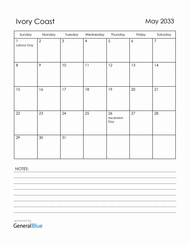 May 2033 Ivory Coast Calendar with Holidays (Sunday Start)