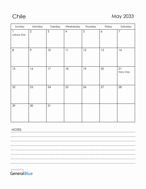 May 2033 Chile Calendar with Holidays (Sunday Start)