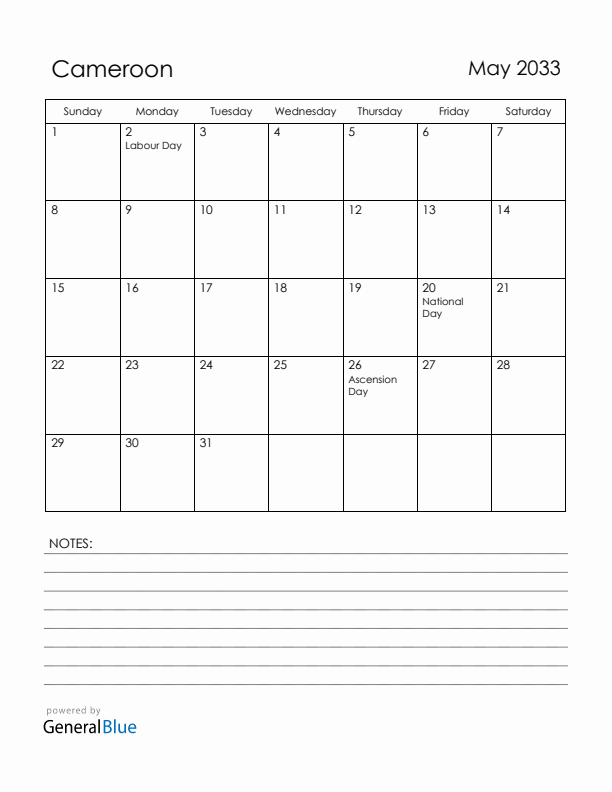 May 2033 Cameroon Calendar with Holidays (Sunday Start)