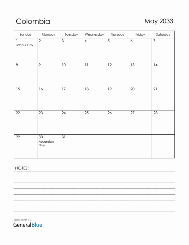 May 2033 Colombia Calendar with Holidays (Sunday Start)