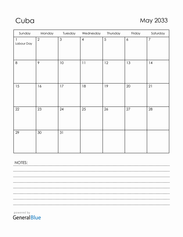 May 2033 Cuba Calendar with Holidays (Sunday Start)