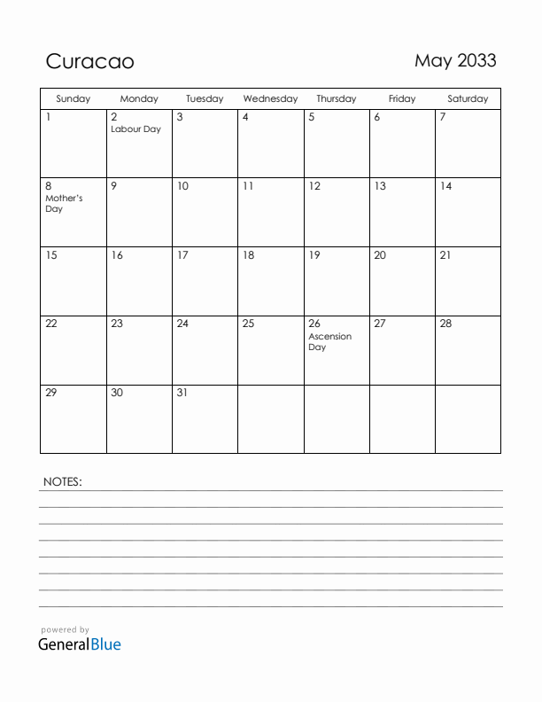 May 2033 Curacao Calendar with Holidays (Sunday Start)