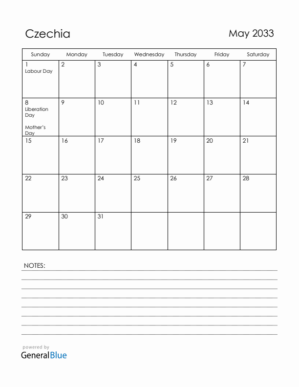 May 2033 Czechia Calendar with Holidays (Sunday Start)