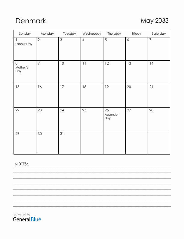 May 2033 Denmark Calendar with Holidays (Sunday Start)