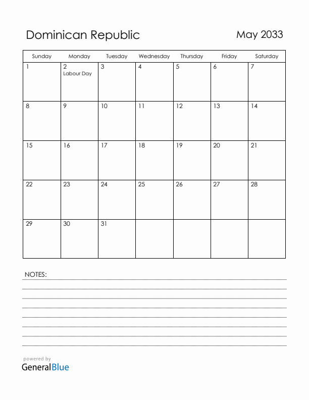 May 2033 Dominican Republic Calendar with Holidays (Sunday Start)