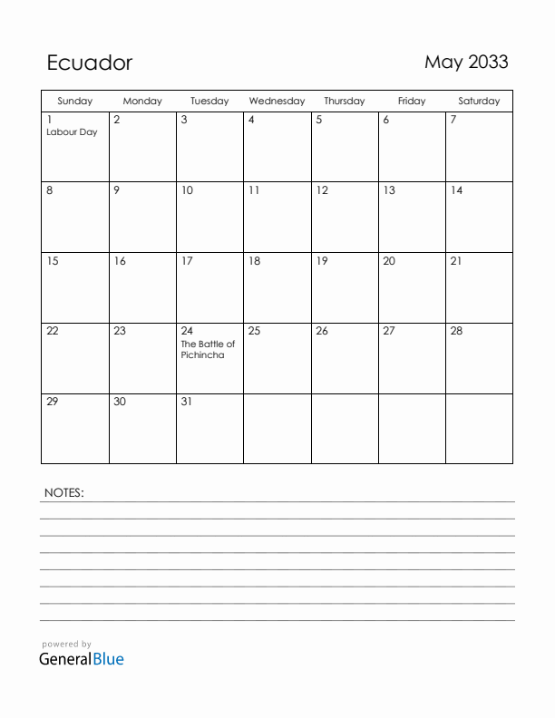 May 2033 Ecuador Calendar with Holidays (Sunday Start)
