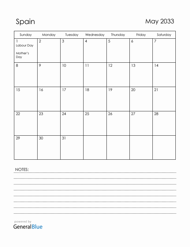 May 2033 Spain Calendar with Holidays (Sunday Start)