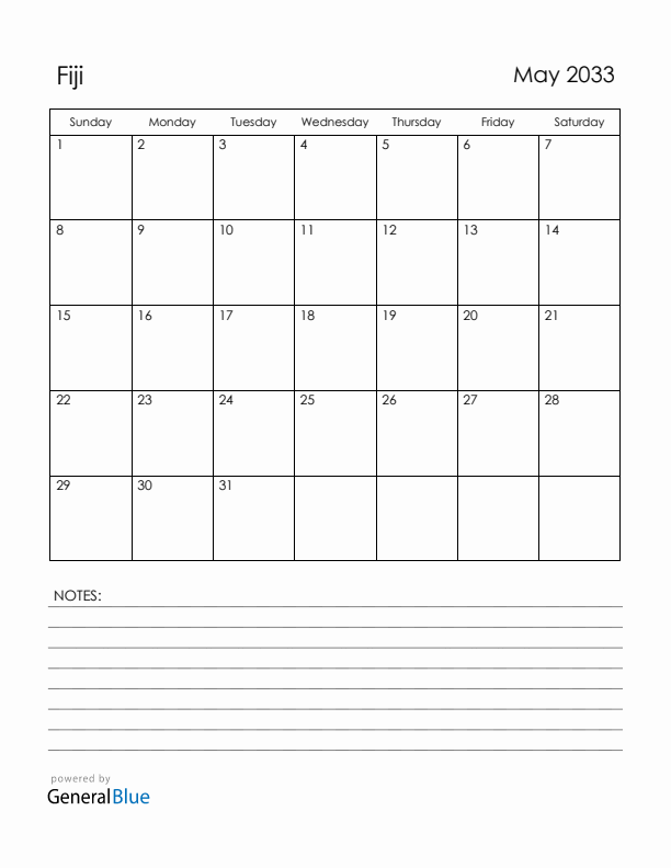 May 2033 Fiji Calendar with Holidays (Sunday Start)