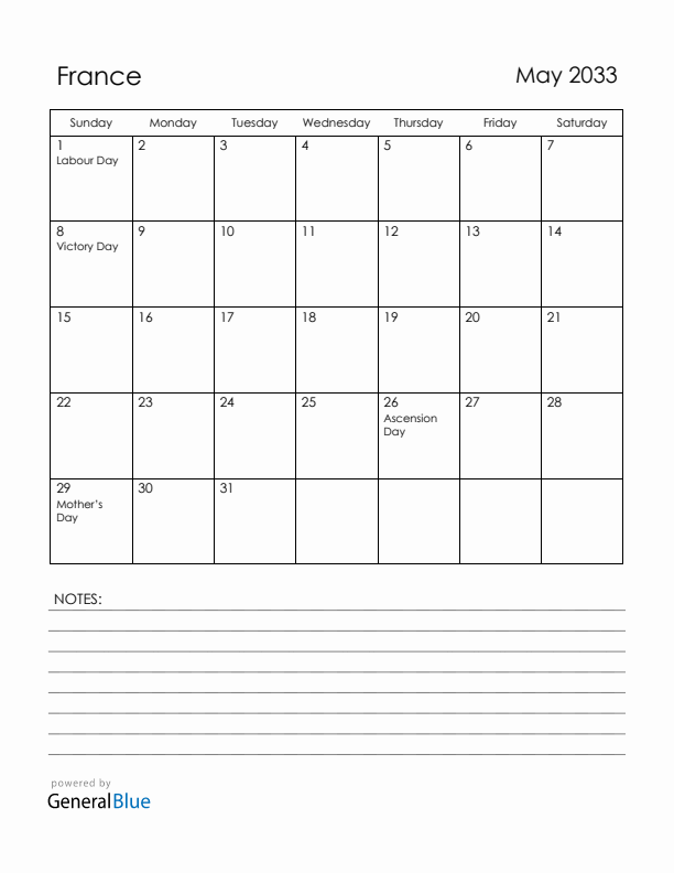 May 2033 France Calendar with Holidays (Sunday Start)