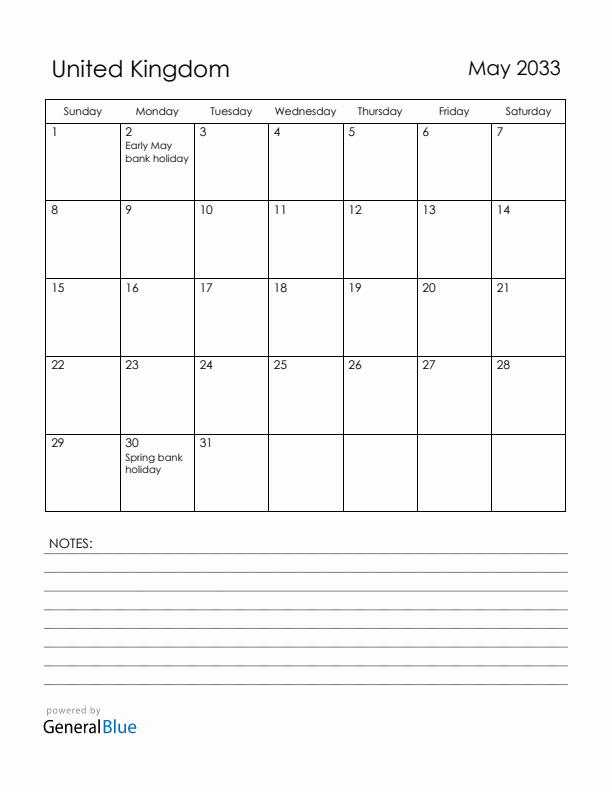 May 2033 United Kingdom Calendar with Holidays (Sunday Start)