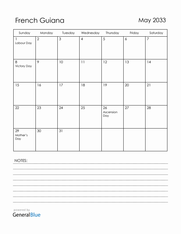 May 2033 French Guiana Calendar with Holidays (Sunday Start)