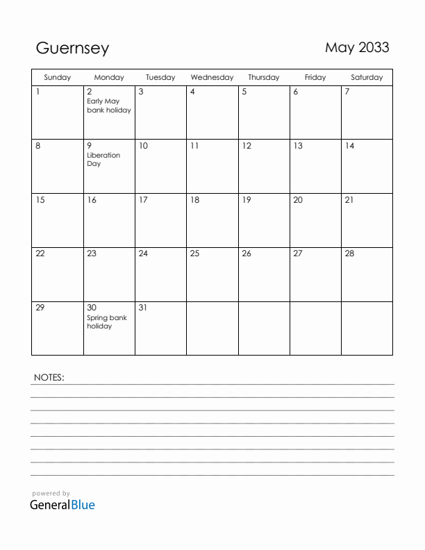 May 2033 Guernsey Calendar with Holidays (Sunday Start)