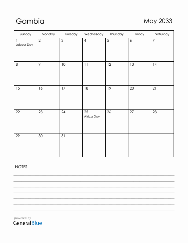 May 2033 Gambia Calendar with Holidays (Sunday Start)