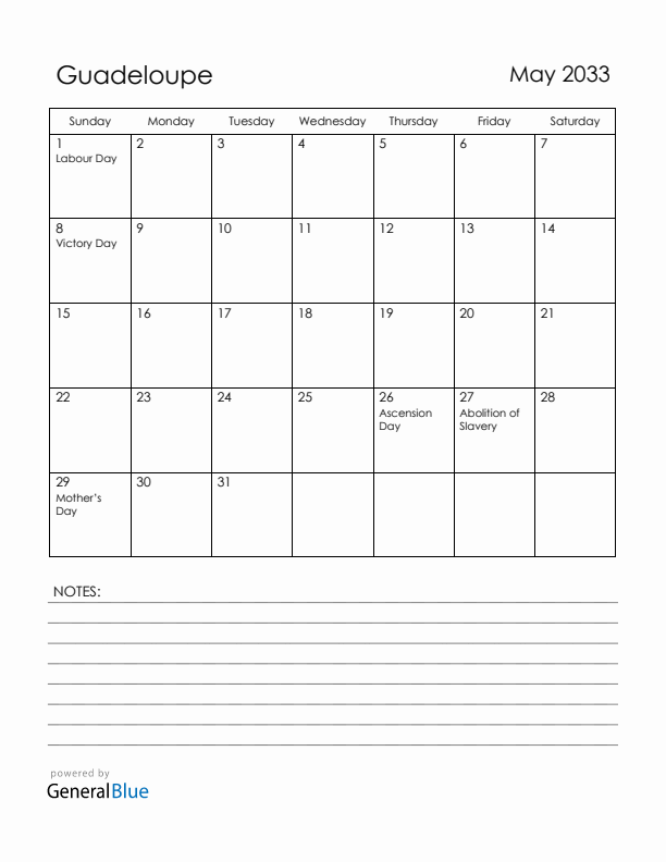 May 2033 Guadeloupe Calendar with Holidays (Sunday Start)