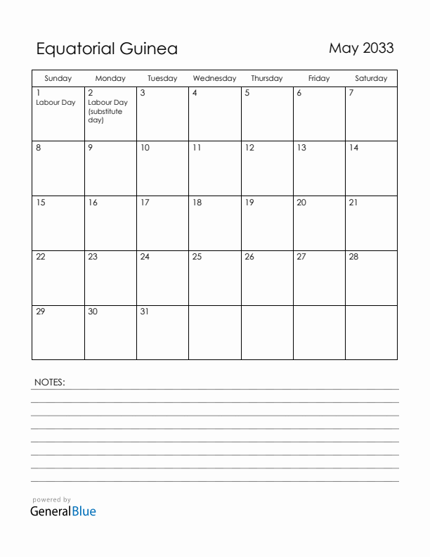 May 2033 Equatorial Guinea Calendar with Holidays (Sunday Start)