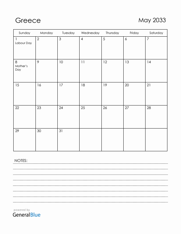 May 2033 Greece Calendar with Holidays (Sunday Start)