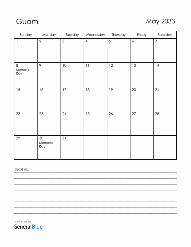 May 2033 Guam Calendar with Holidays (Sunday Start)
