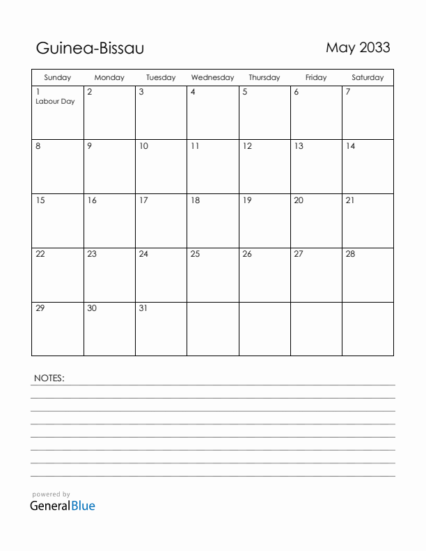May 2033 Guinea-Bissau Calendar with Holidays (Sunday Start)