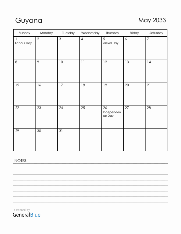 May 2033 Guyana Calendar with Holidays (Sunday Start)