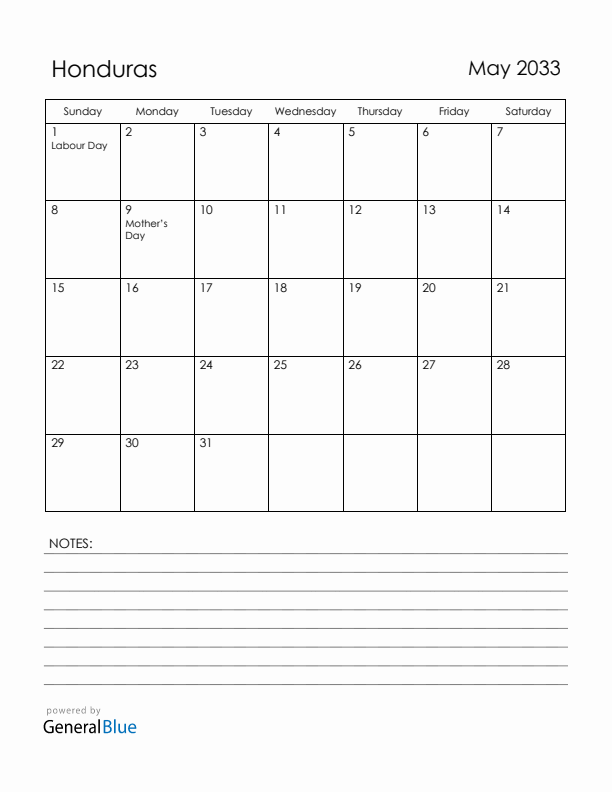 May 2033 Honduras Calendar with Holidays (Sunday Start)