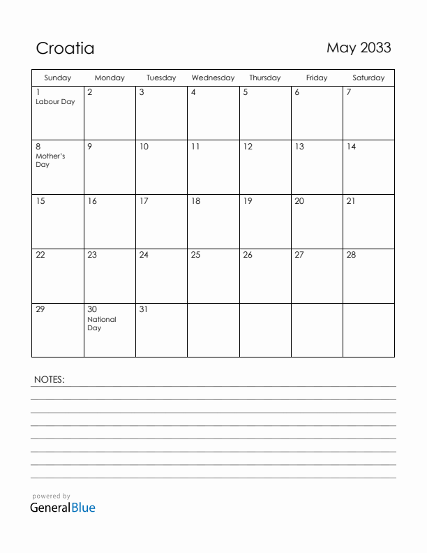 May 2033 Croatia Calendar with Holidays (Sunday Start)
