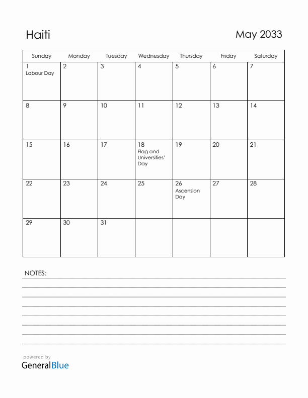 May 2033 Haiti Calendar with Holidays (Sunday Start)