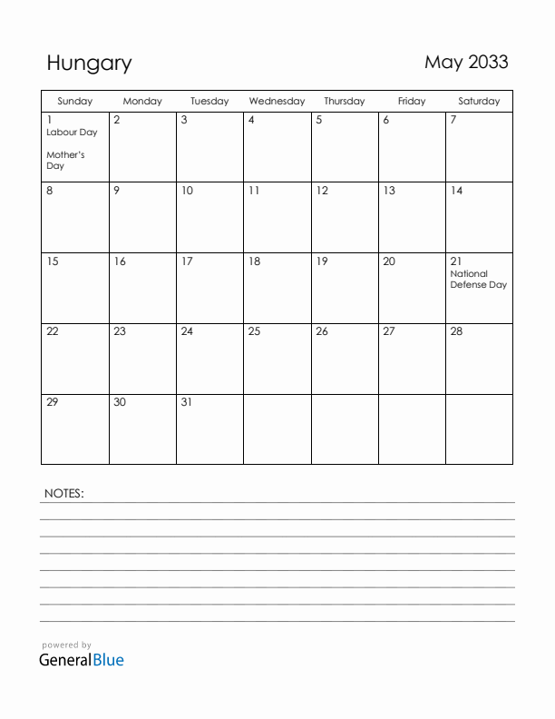 May 2033 Hungary Calendar with Holidays (Sunday Start)