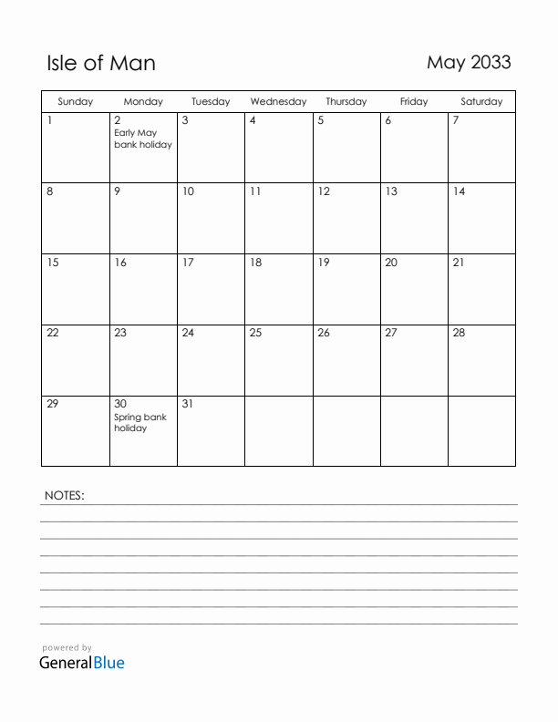 May 2033 Isle of Man Calendar with Holidays (Sunday Start)