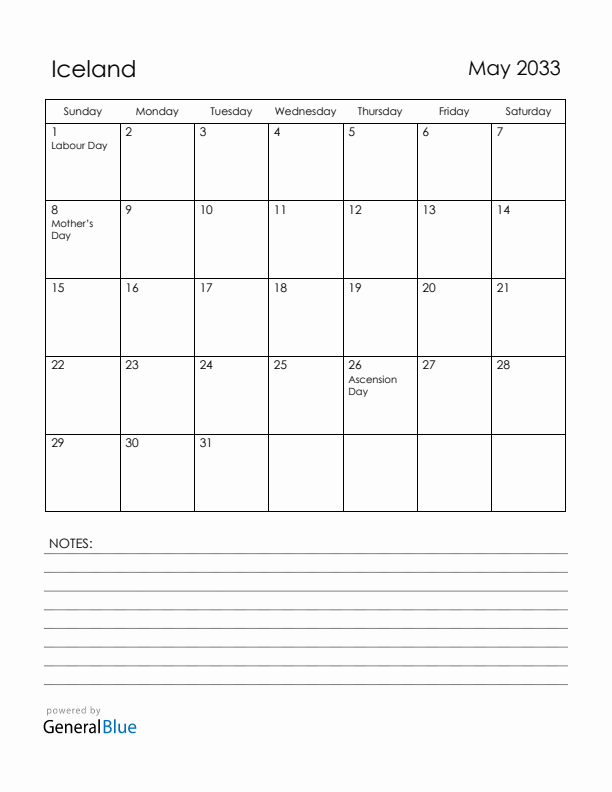May 2033 Iceland Calendar with Holidays (Sunday Start)