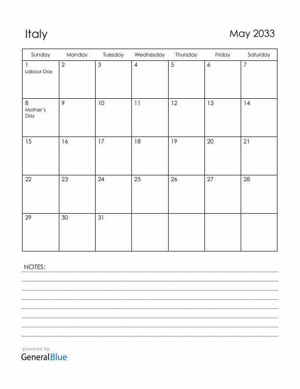 May 2033 Italy Calendar with Holidays (Sunday Start)