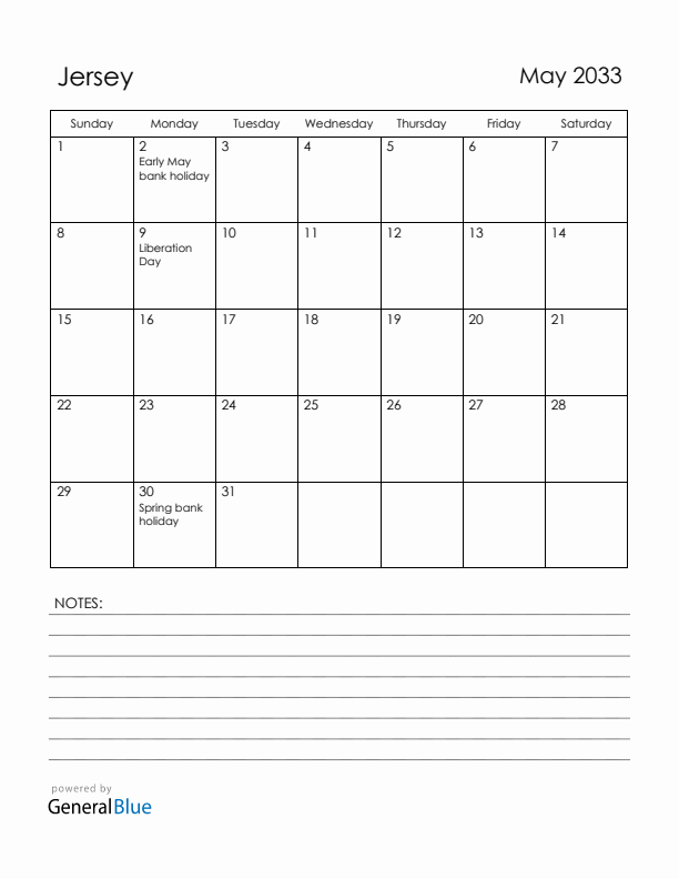 May 2033 Jersey Calendar with Holidays (Sunday Start)