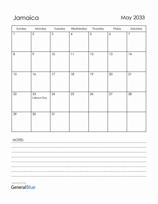May 2033 Jamaica Calendar with Holidays (Sunday Start)